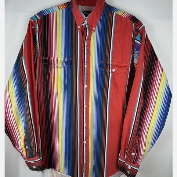 Vtg Wrangler Brushpopper Red Blue Striped Shirt Sz 16 34 Western Cowboy Cut - Picture 1 of 8